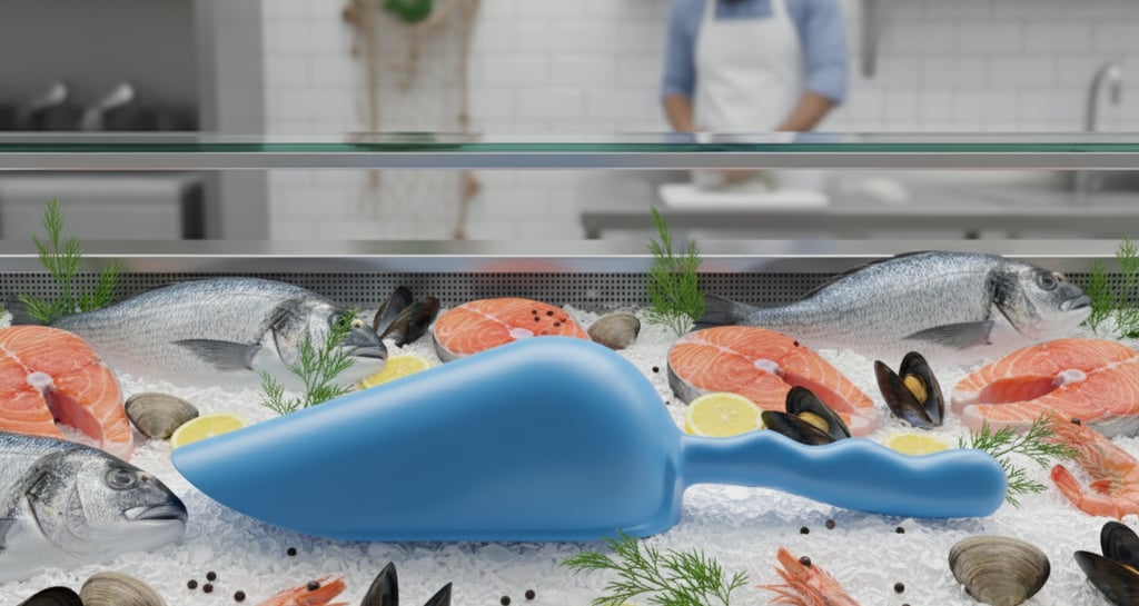 Pelle bleue HACCP pour poissonnerie. Garantit l'hygiène sur les étals de poisson.