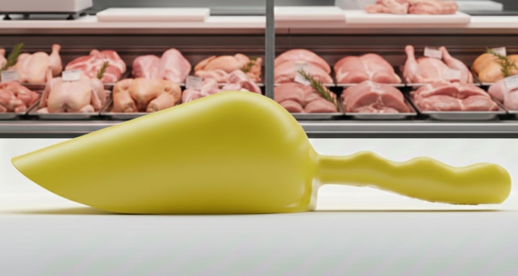 Pelle jaune HACCP pour supermarché. Conçue pour le service hygiénique de volaille.