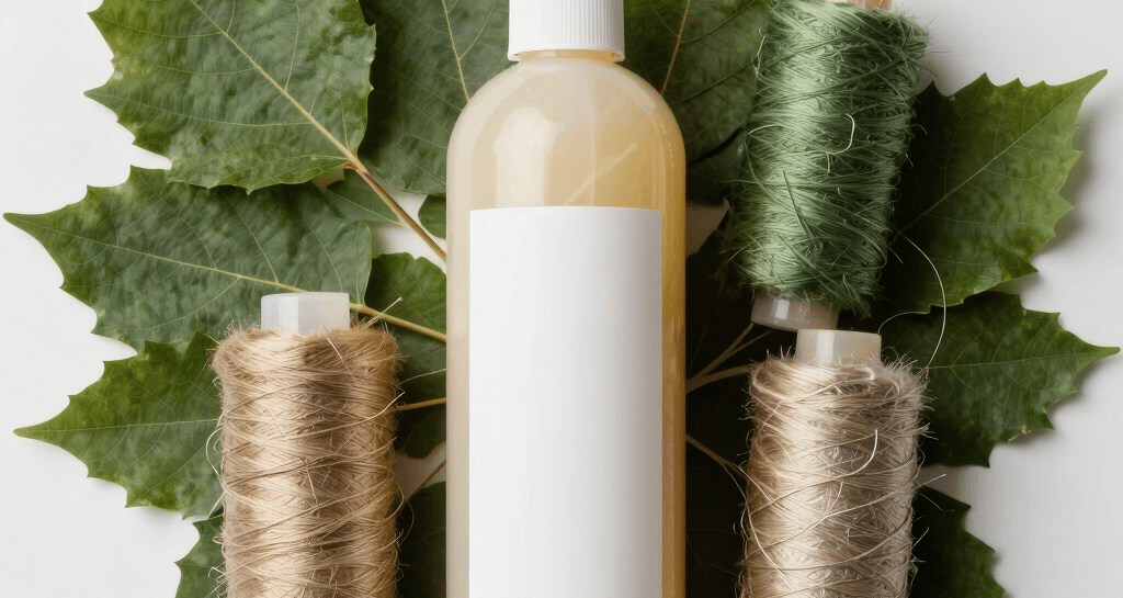 Minimalist bathroom shelf displaying Esencia Viva haircare bottles with natural light filtering through.