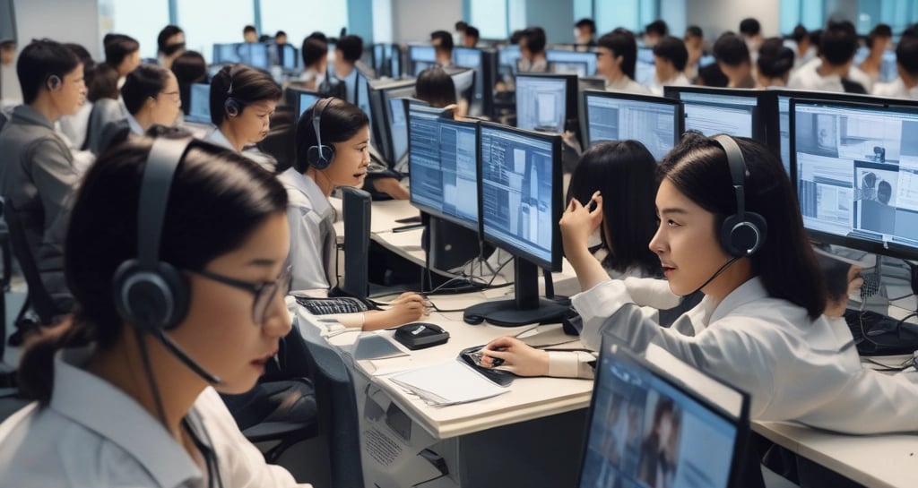 a group of people sitting at computers in a room