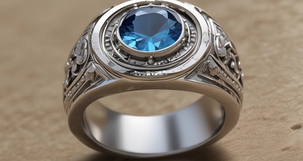 Close-up of a sleek black onyx ring with gold accents glowing softly against a dark velvet background.