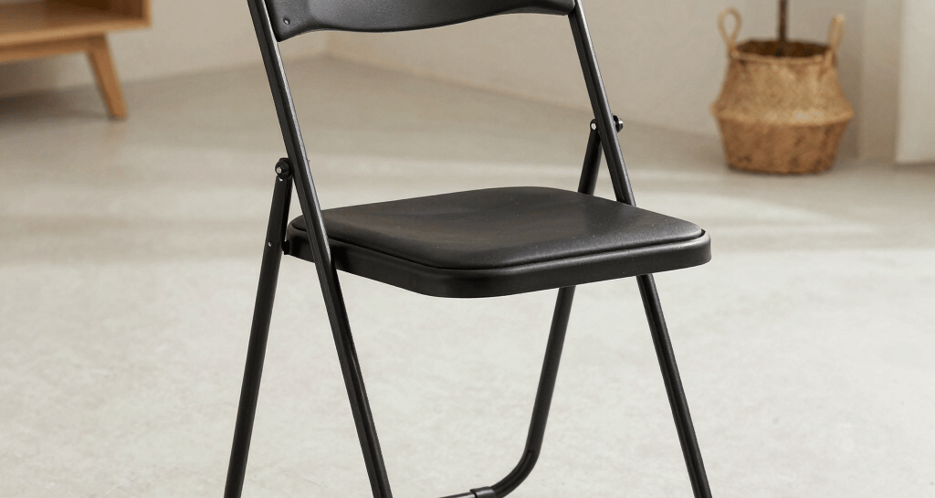 A sleek black foldable chair set against a clean white background, highlighting its compact design.