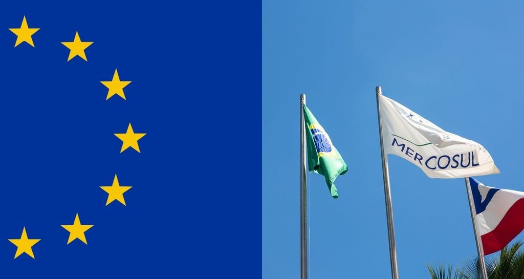 The European Union flag alongside Mercosur, Brazil, and France flags representing international trade agreements.