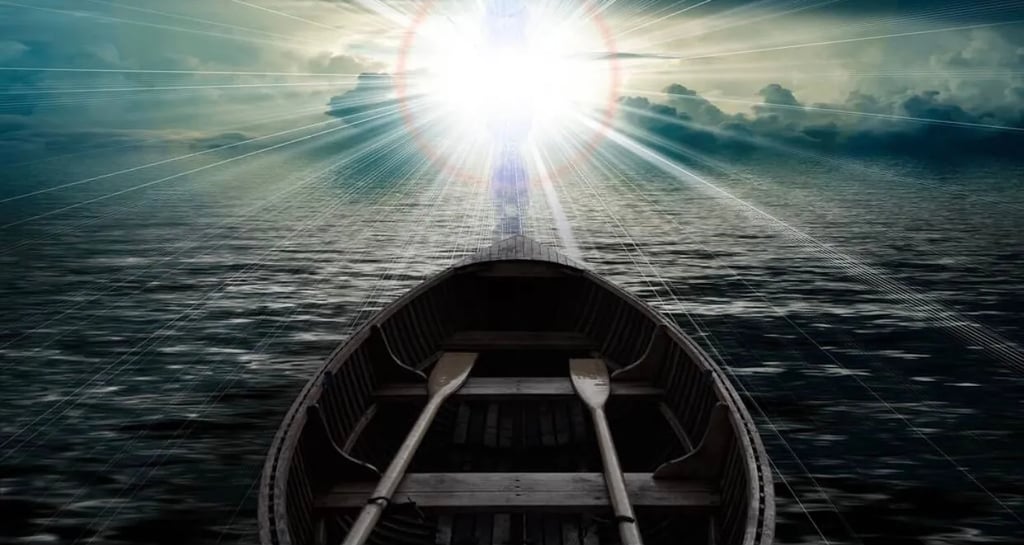 The Phenomenal Chocolate Box: How we experience the Unseen. A boat amid the ocean drifting towards a mysterious light