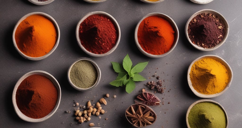 A vivid assortment of colorful spices spread across a wooden table.