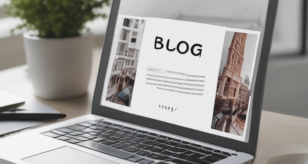 A laptop displays a web page with a bold header text reading 'Blog' against a colorful abstract background. Several thumbnail images are displayed below the header, featuring various content such as graphics and text. The screen is illuminated, creating a contrast against the dark keyboard and surrounding environment.