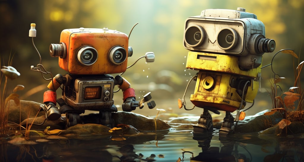 two robots are standing in the water