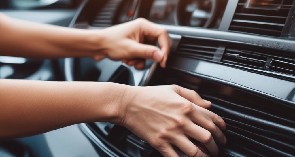 A close-up of a person's hand is polishing a bright green car using a green cloth. Another hand holds a bottle of car cleaning spray. The focus is on the action of cleaning the car's exterior surface near the headlight.