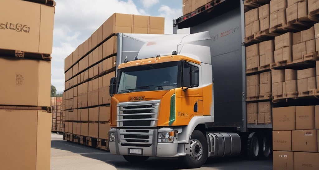 A Raglog logistics truck parked at a busy loading dock, workers preparing cargo