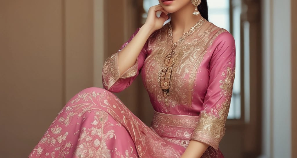 A woman is wearing a beautifully patterned traditional outfit with floral and abstract designs in shades of blue and red. She is standing with her hands clasped, wearing earrings, and has long hair. The outfit includes a kurta, trousers, and a dupatta draped around her shoulders. She is posing near a large white vase with green foliage.