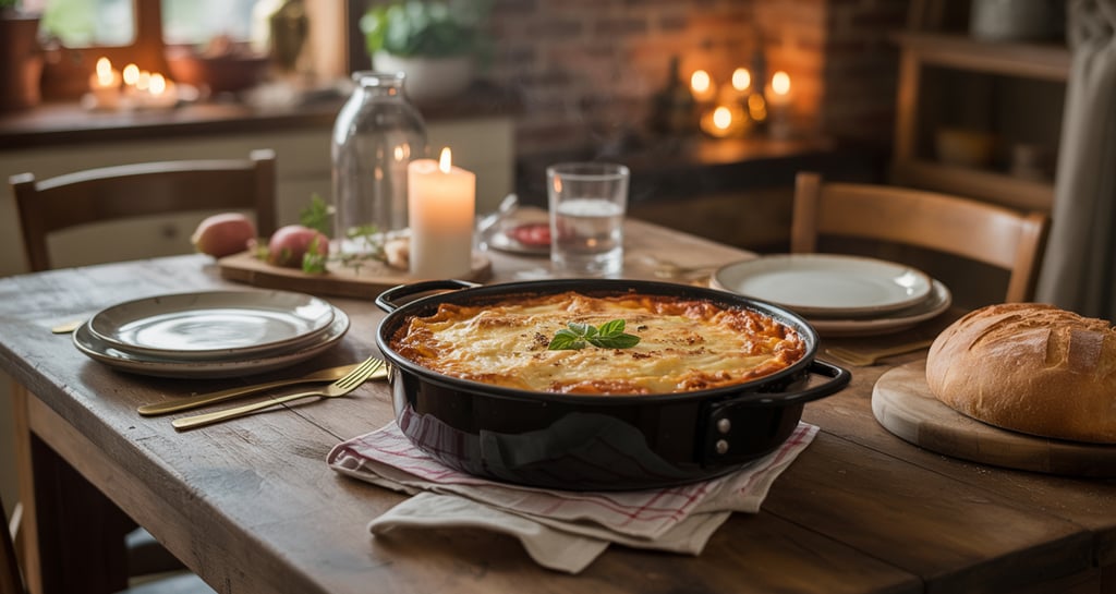 a table with a bowl of food and candles