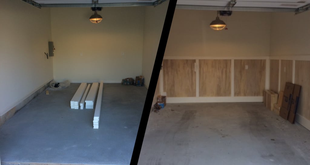Garage wood trim carpentry upgrade (judges paneling with wood panel inserts)