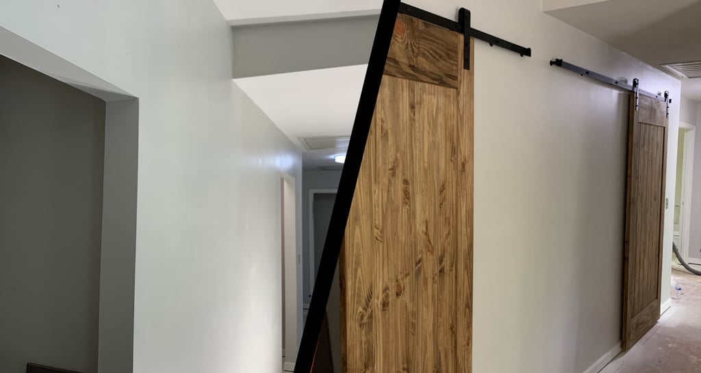 Wall framing modification, drywall repair, repair painting, and sliding barn door installation (interior remodeling)
