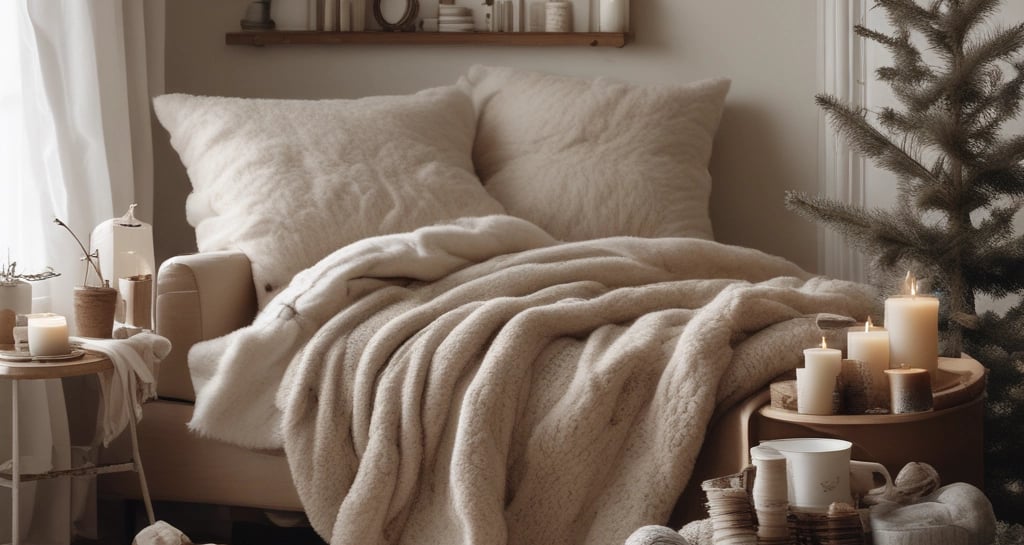 A cozy living room with soft blankets and cushions.