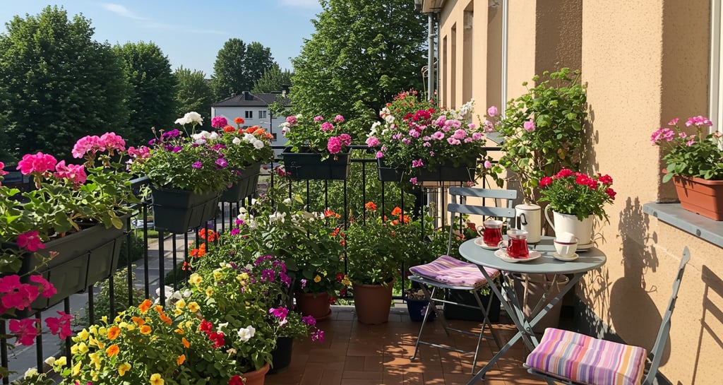 Flower-filled balcony with geraniums and marigolds