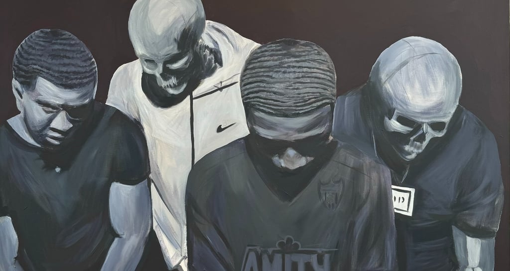 Silent Companions Size: 36" x 48" Medium: Acrylic on Canvas Description: In a somber gathering, the 