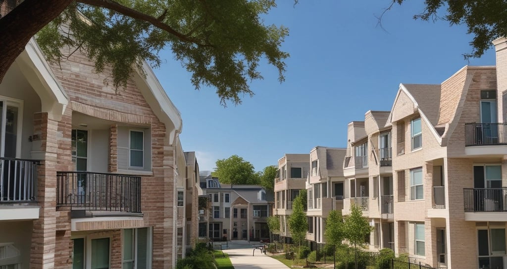 Several multi-story residential buildings with balconies, surrounded by neatly trimmed bushes and a paved walkway. The buildings have a mix of white, green, and blue colors.