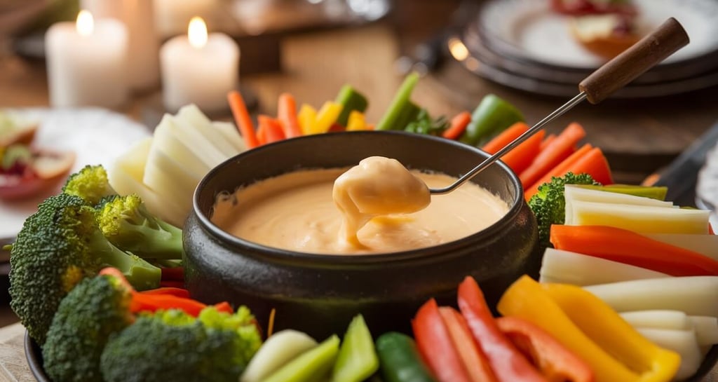 cheesy fondue with a vegetable assortment