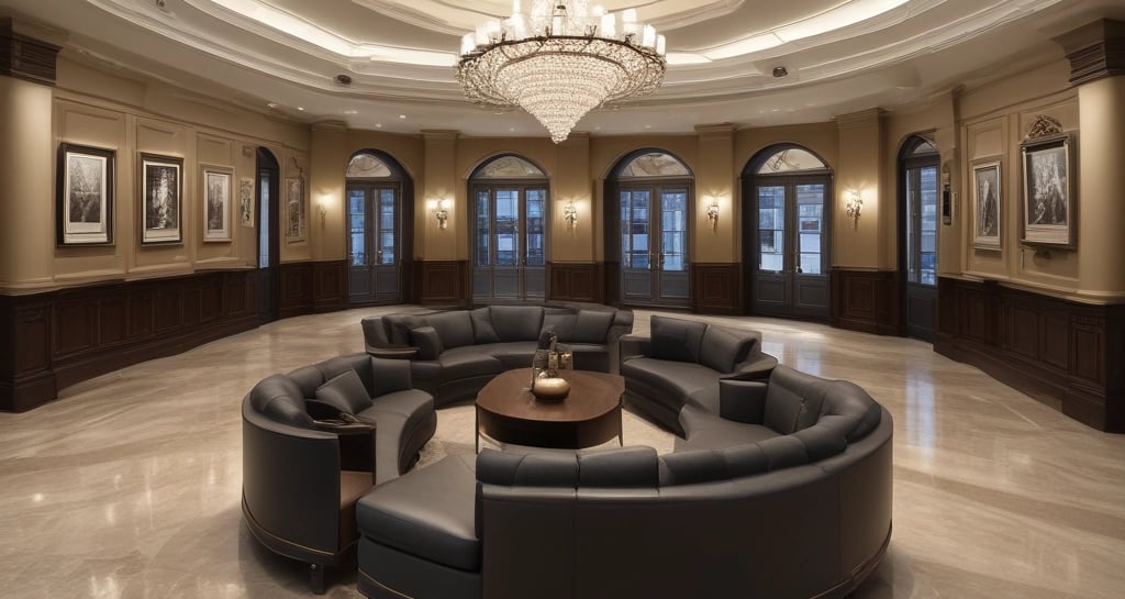 An attractive dining area with a chic table setup and ambient lighting.