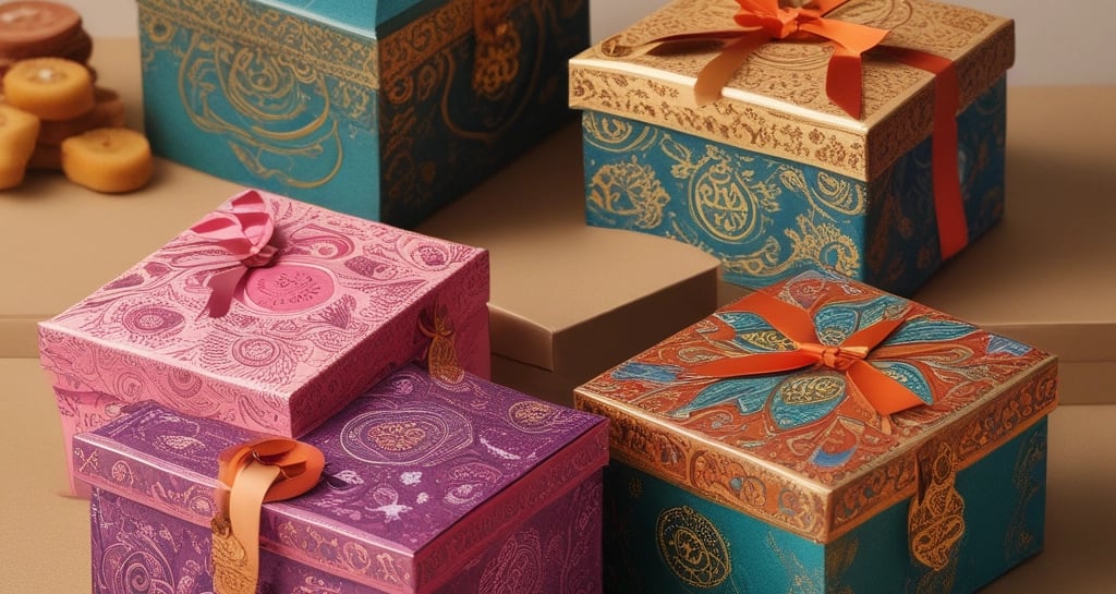 Close-up of elegant jewelry packaging with textured paper and gold foil accents.