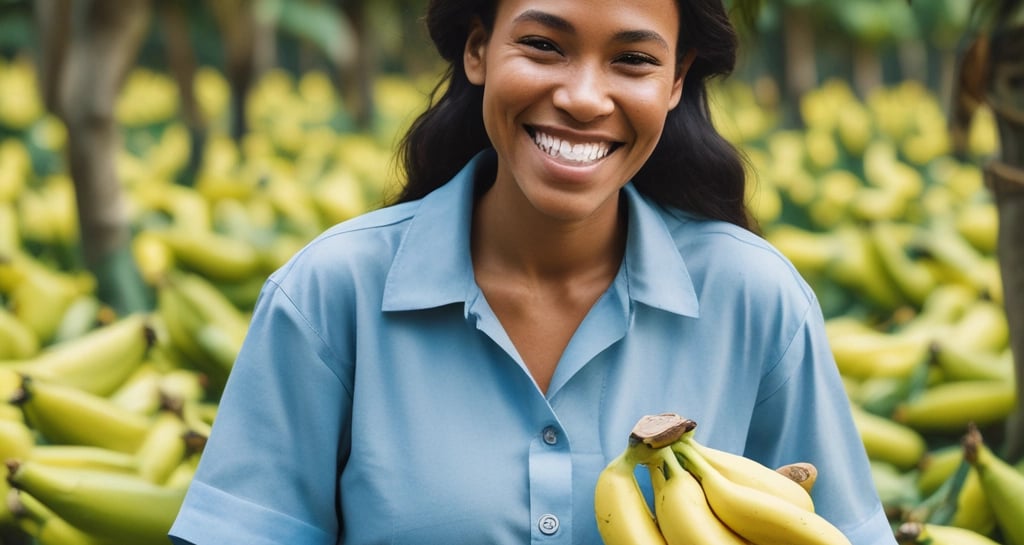 a woman holding a bunch of bananas in a field