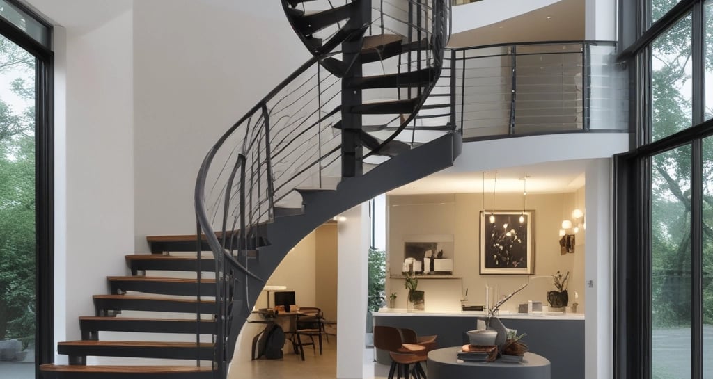 A spiral staircase with wooden steps and curved white railings illuminated by soft lighting embedded along the edges. The design is modern and elegant, creating a sense of fluidity and motion as it spirals downward.