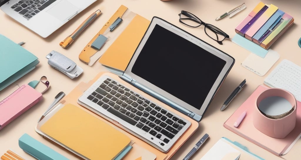 A sunlit store interior with shelves filled with various stationery items. Books and notebooks are neatly arranged on metal shelves to the left. A large glass door at the back allows natural light to illuminate the space, casting shadows on the concrete floor. In the center, a table displays more stationery, including pens organized by color.