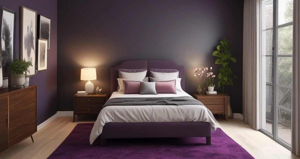 Cozy bedroom showcasing deep purple-hued vinyl plank flooring paired with warm beige rugs.