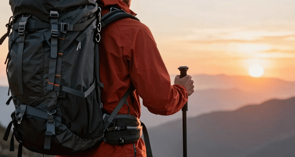 black hiking backpack near white Fujifilm instax mini camera near black leather boots, red half-zip jacket, gray pocket watch on white map