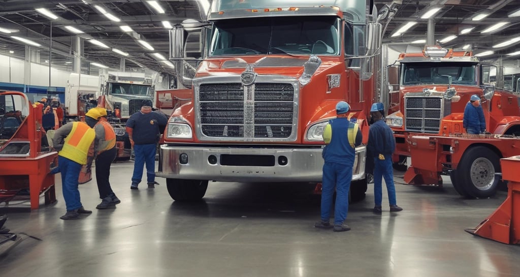 Technician performing emergency diesel engine repair on a semi-truck roadside.