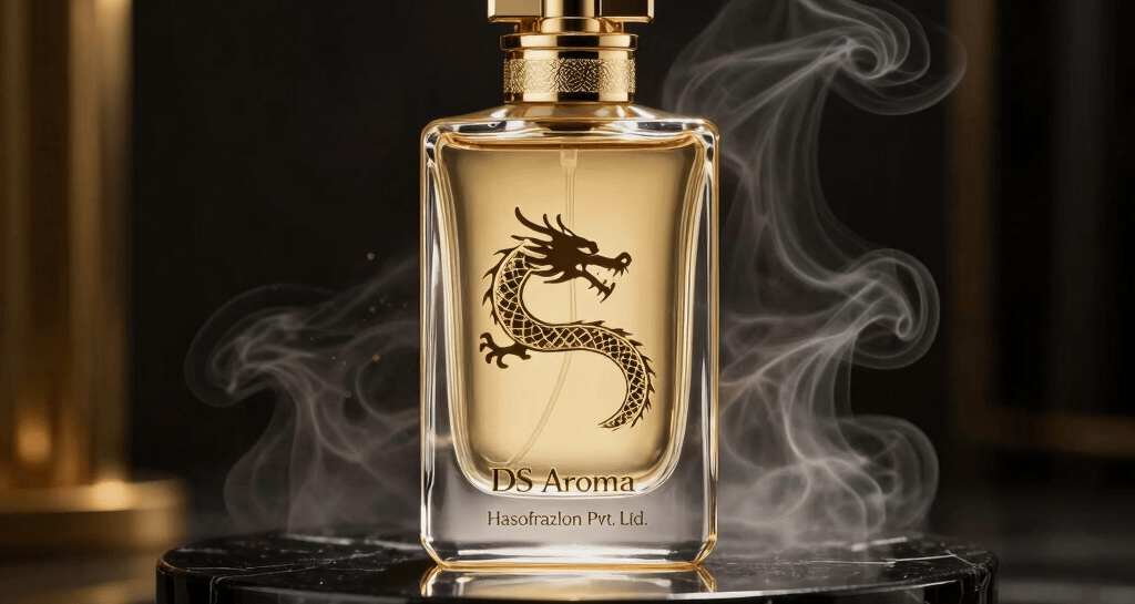 Close-up of a 3D floating ds aroma perfume bottle with amber highlights against a dark background.