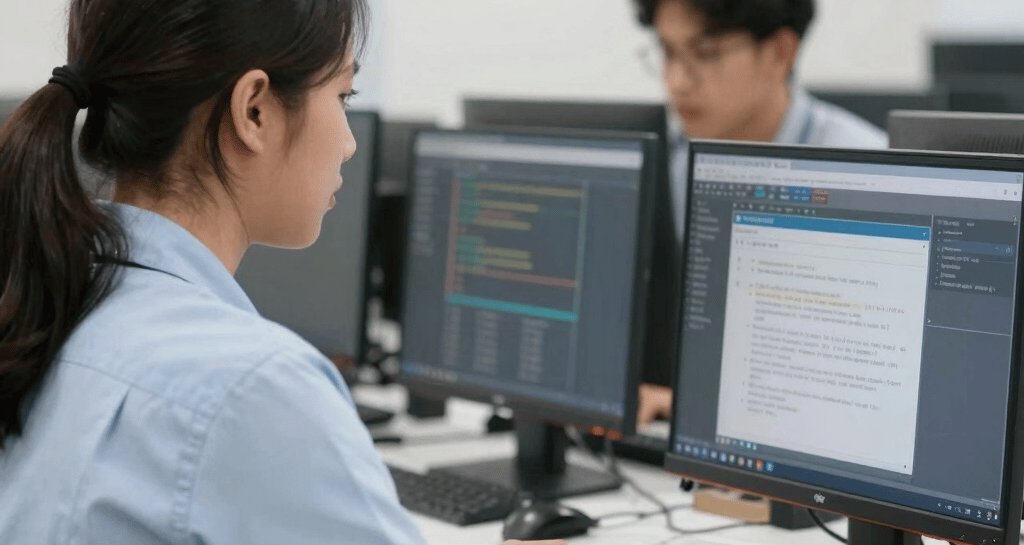 Close-up of a sleek robotic arm assembling a circuit board under soft lighting.