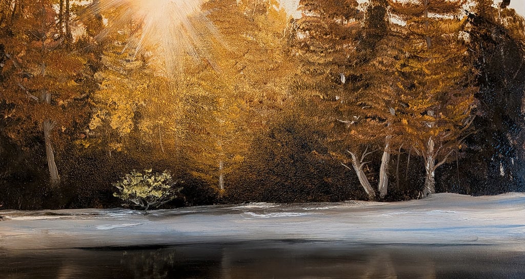 A painging of the sun shining over the tops of autumn trees on a snowy bank across the water.