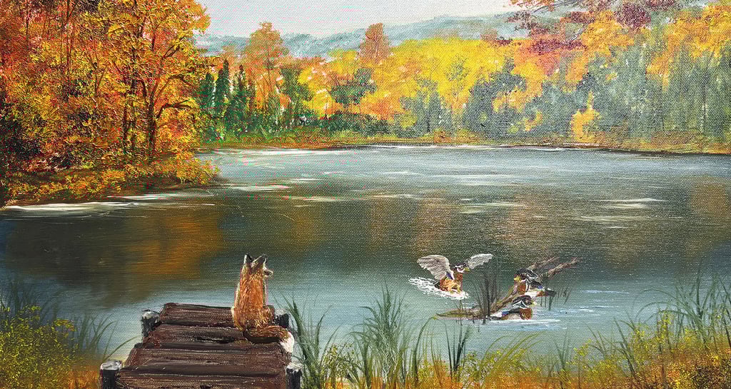 A painting of a red fox sitting on the end of a pier watching some wood ducks in the lake during autumn.