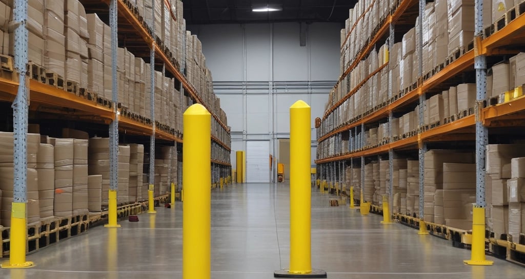Bright orange guard rails protecting a busy warehouse aisle.