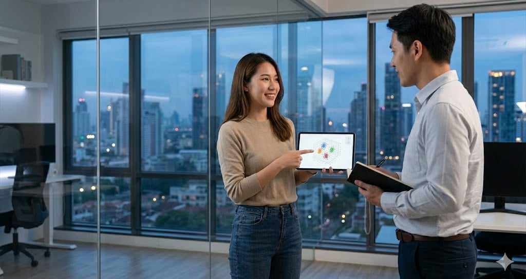 A candid photograph of two data professionals collaborating inside a modern glass-walled office buil