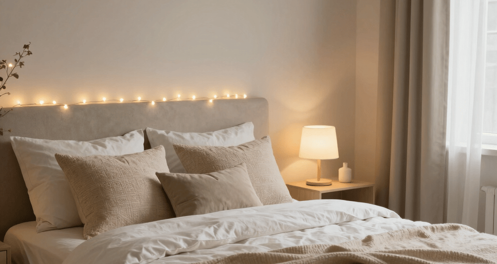 A stylish bedroom wall showcasing framed art and warm ambient lighting.