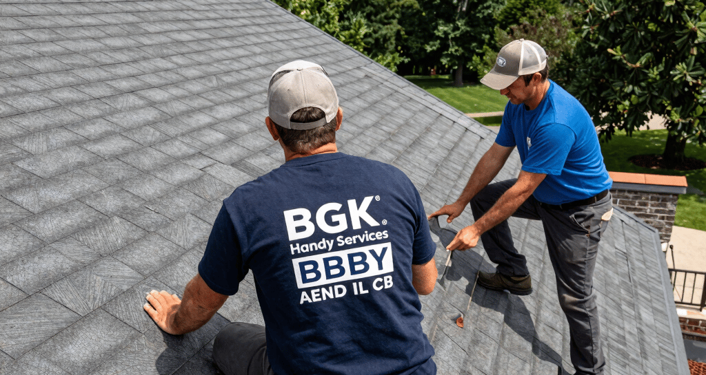 Professional contractors from BGK Handy Services performing a roof inspection and shingle repair on a residential home.
