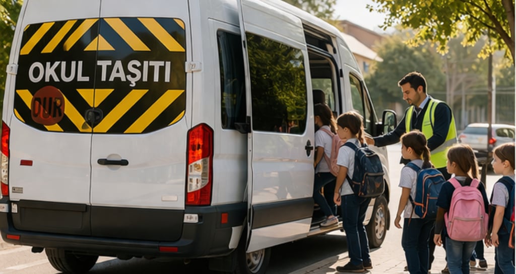 Students with backpacks board a white Turkish school bus labeled Okul Tasiti on a sunny morning.