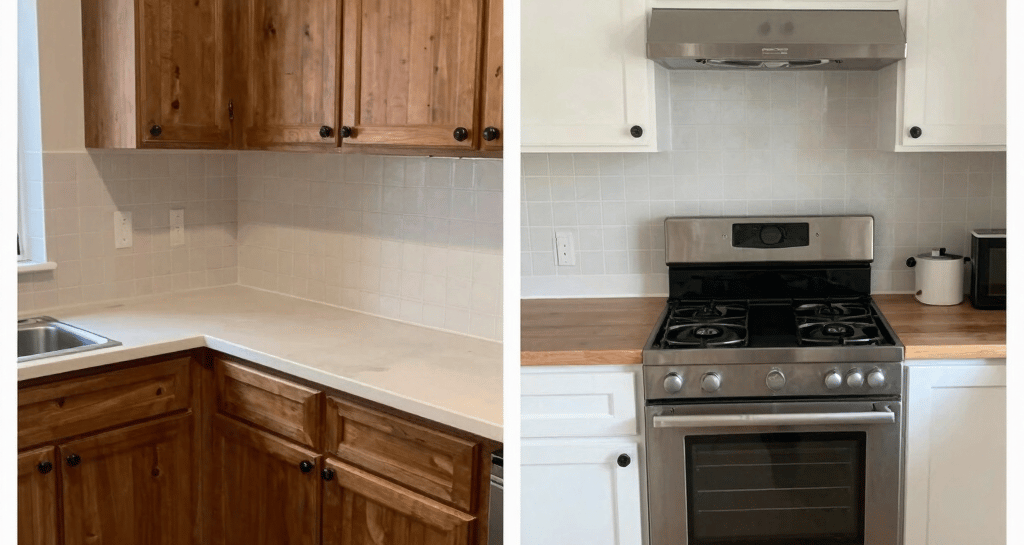 A freshly renovated kitchen featuring warm wood cabinetry and modern fixtures, bathed in natural light.