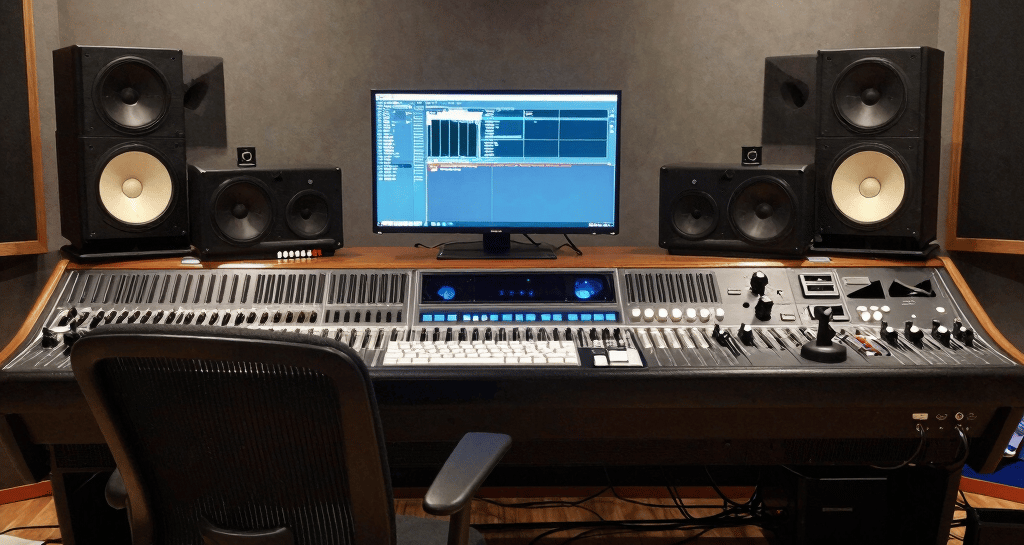 Jayson Sanger’s hands delicately adjusting vintage analog mixing console knobs in a warmly lit studio.