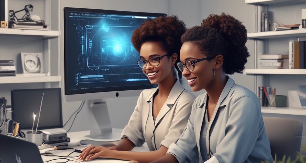 a group of people sitting at a table with computers