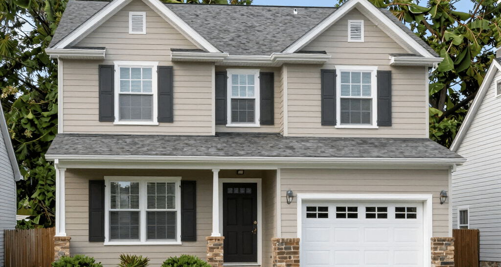 A freshly completed modern residential home with clean lines and a welcoming porch.