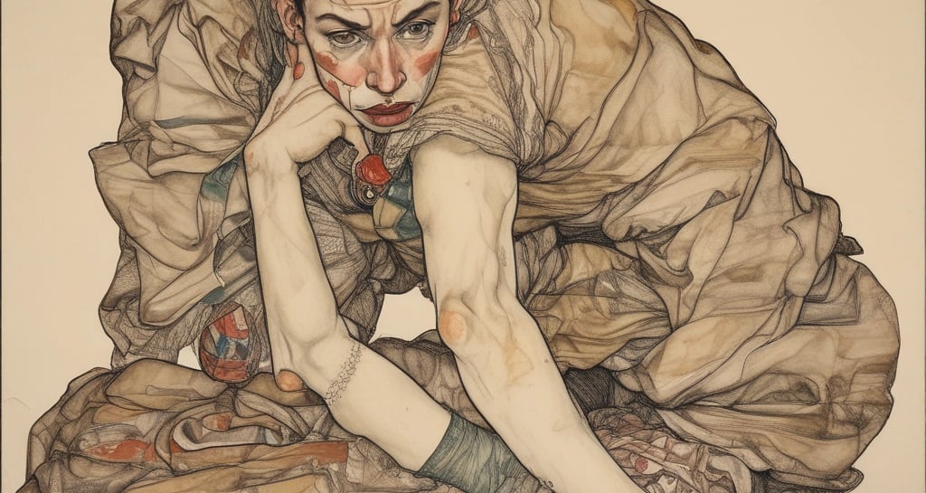 Close-up of a textured canvas showing bold, raw brushstrokes in deep reds and blacks.