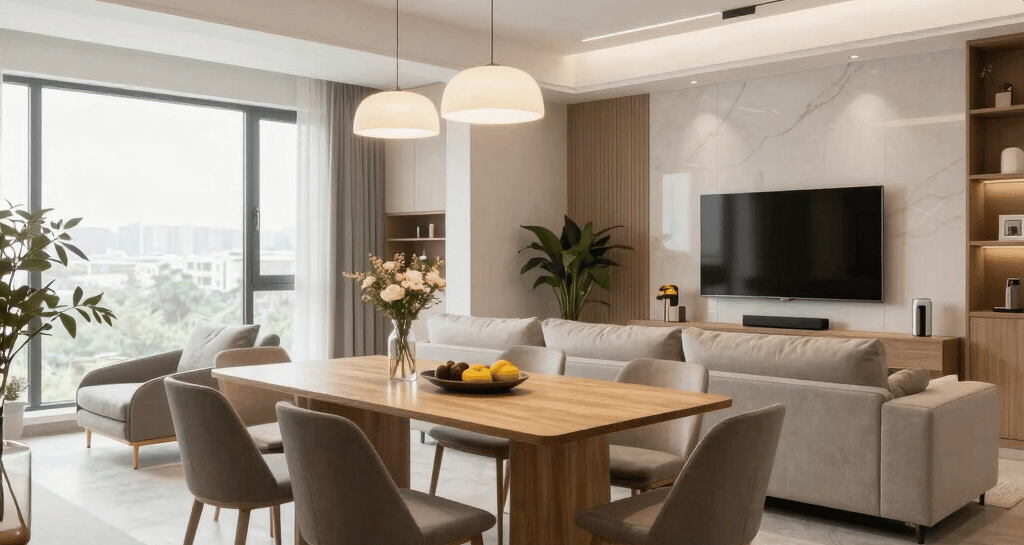 Before and after of a cozy living room renovation with warm wood accents.