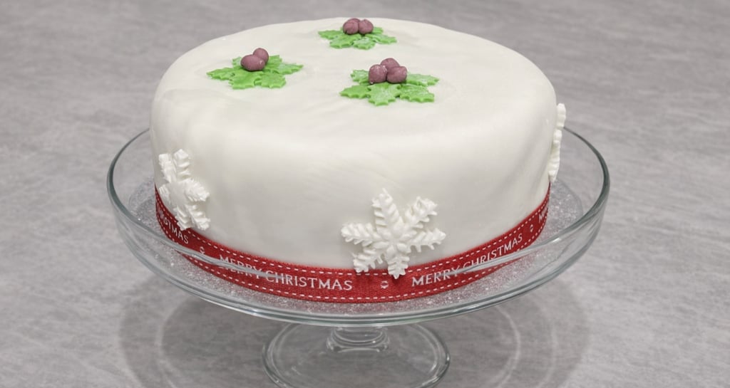 Festive white fondant Christmas cake on a glass stand decorated with holly and snowflakes.