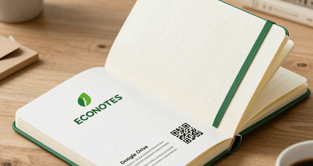 Close-up of a recycled paper notebook with a minimalist design and a visible QR code on the cover.