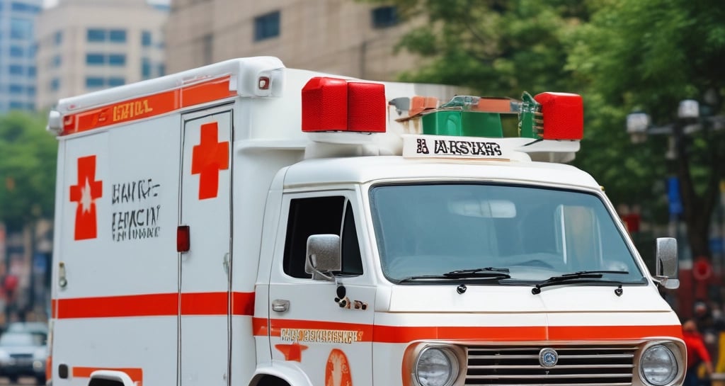 A sleek white ambulance parked outside a busy Hyderabad hospital at dusk
