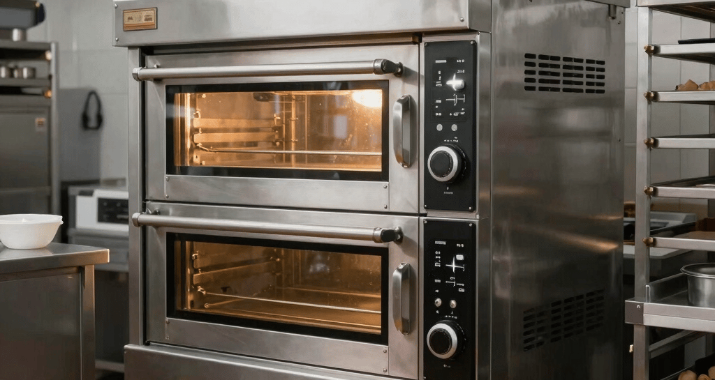 A sleek commercial electric oven glowing warmly in a modern kitchen.