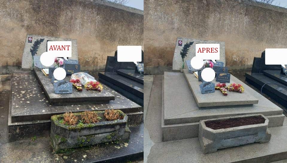 Avant et après le nettoyage professionnel d'une pierre tombale en granit et d'un monument de cimetiè